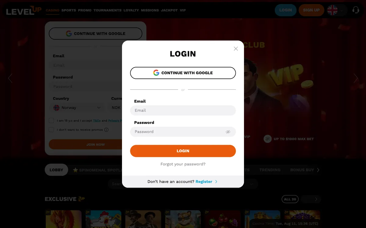 LevelUp Casino — «Регистрация», снято из страны Норвегия
