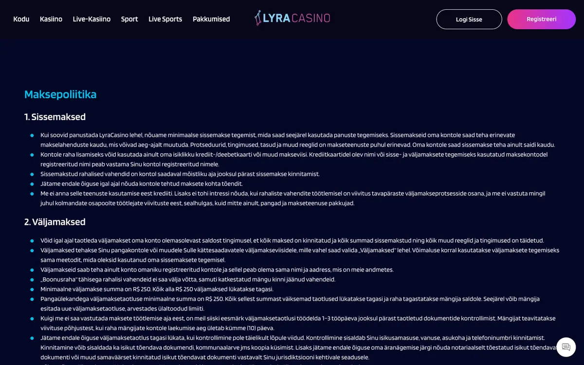 LyraCasino — Payments, captured from Estonia