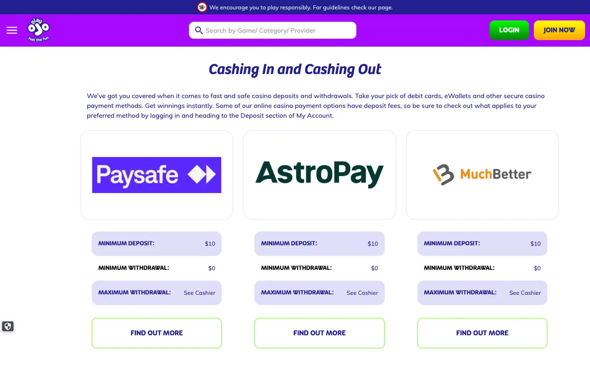 PlayOJO Casino — «Платежи», снято из страны Канада