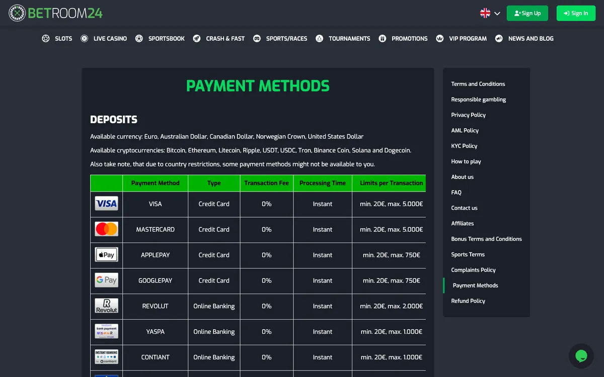 Betroom24 Casino — Payments, captured from Belgium