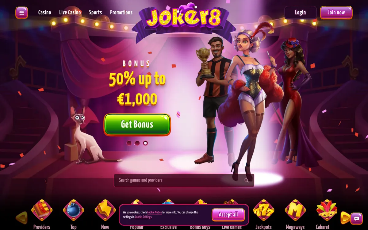 Joker8 Casino — Home page, captured from Canada