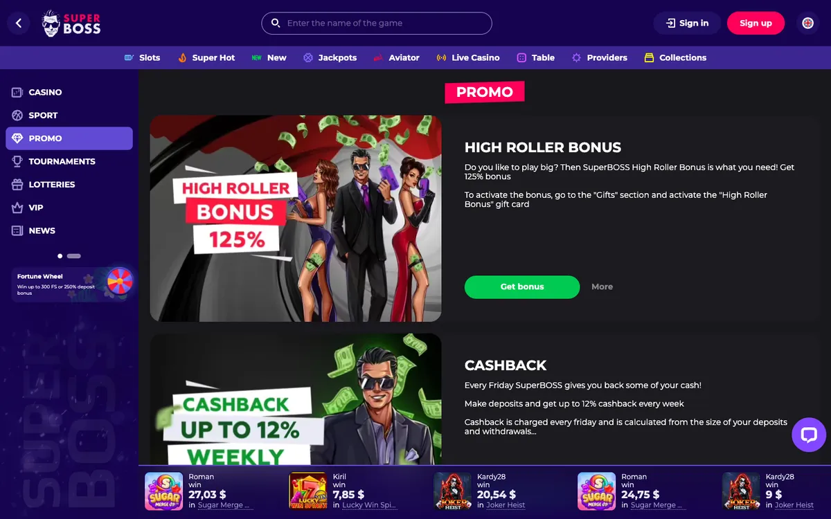 SuperBoss Casino — «Акции», снято из страны Колумбия