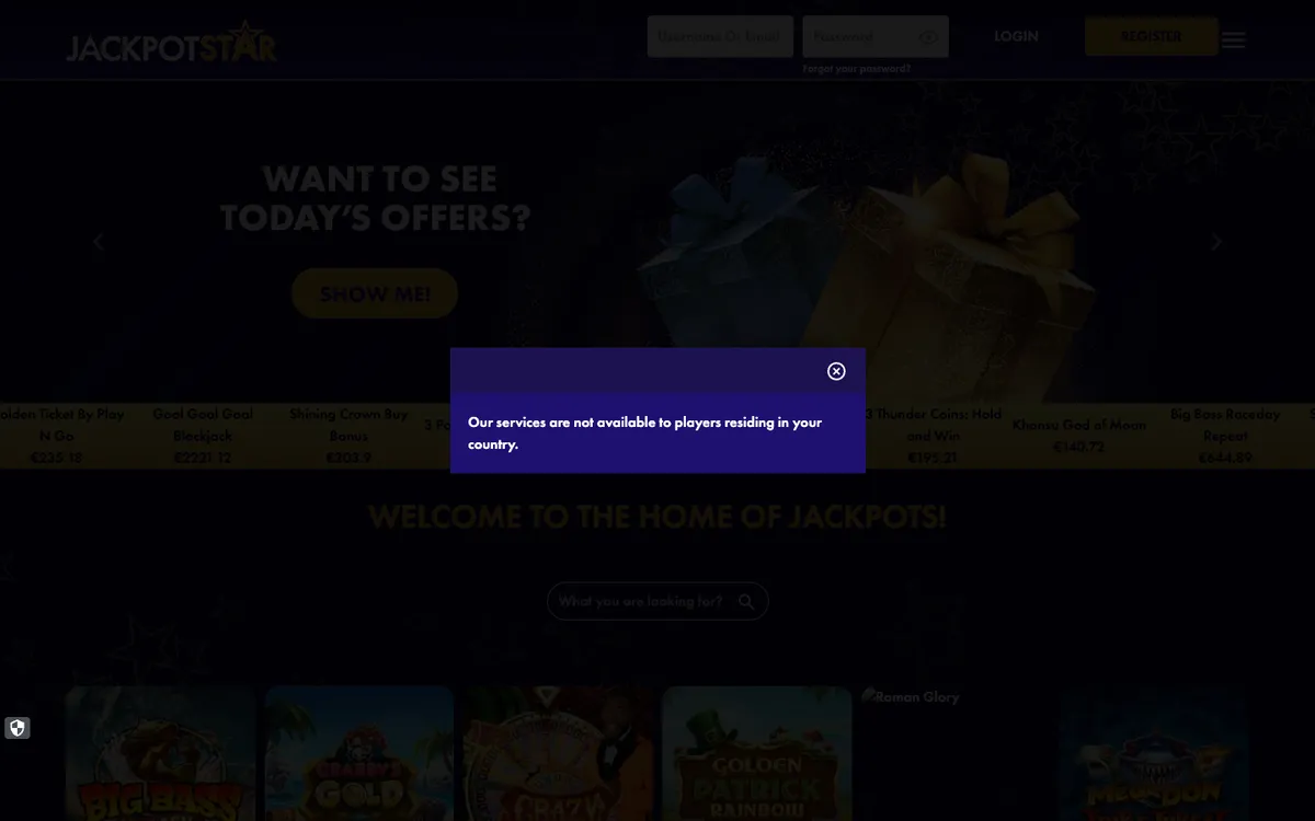 Jackpot Star Casino — «Регистрация», снято из страны Франция