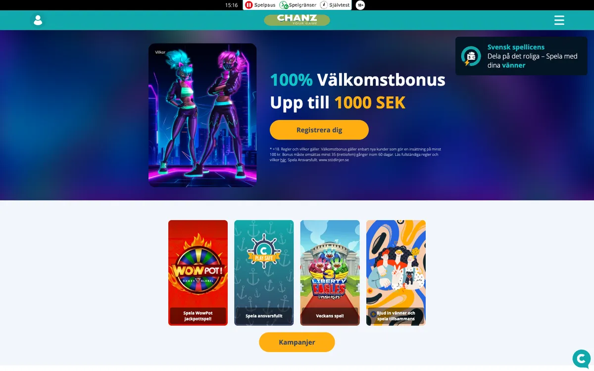 Chanz Casino — Home page, captured from Sweden