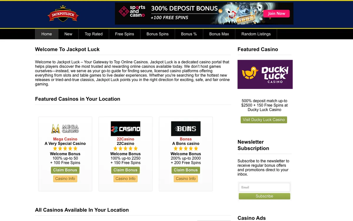 Jackpot Luck Casino — Home page, captured from South Africa