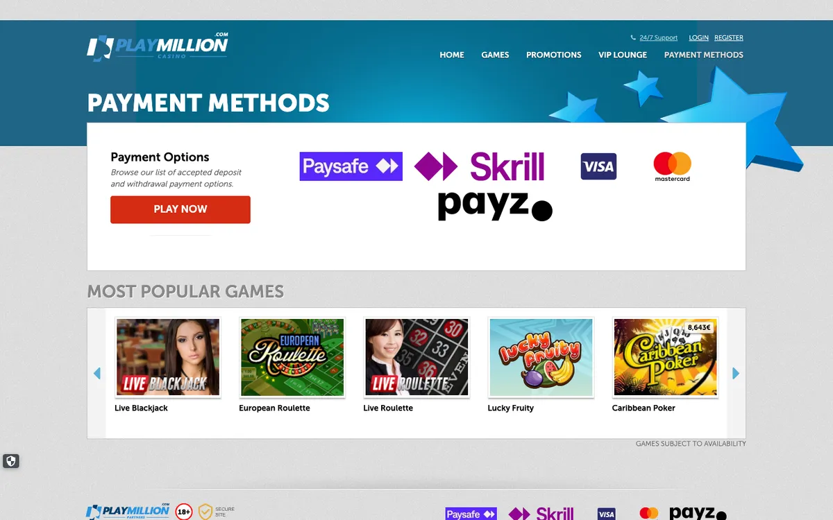 Play Million Casino — Payments, captured from Switzerland