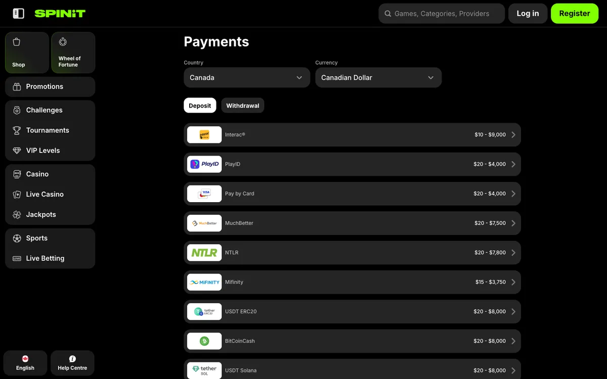 Spinit Casino — Payments, captured from Canada