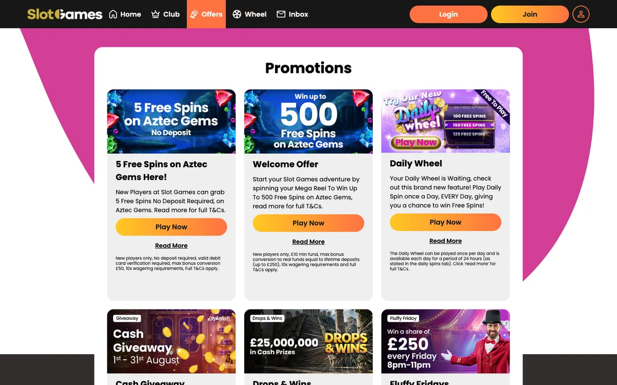 Slot Games Casino — «Акции», снято из страны Великобритания