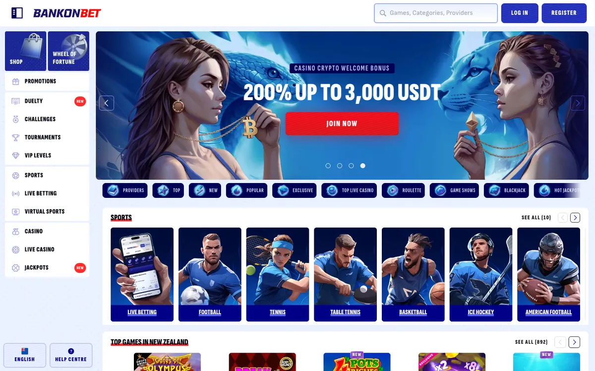 Bankonbet Casino — «Главная», снято из страны Новая Зеландия
