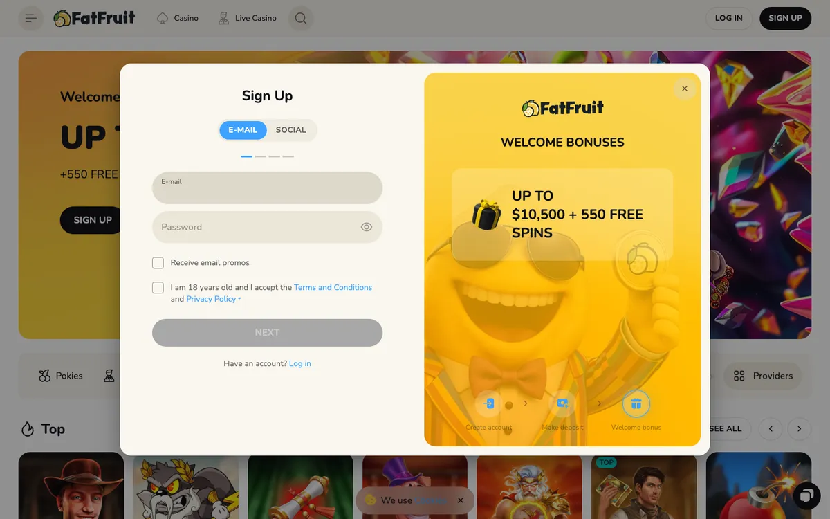 FatFruit Casino — «Регистрация», снято из страны Новая Зеландия
