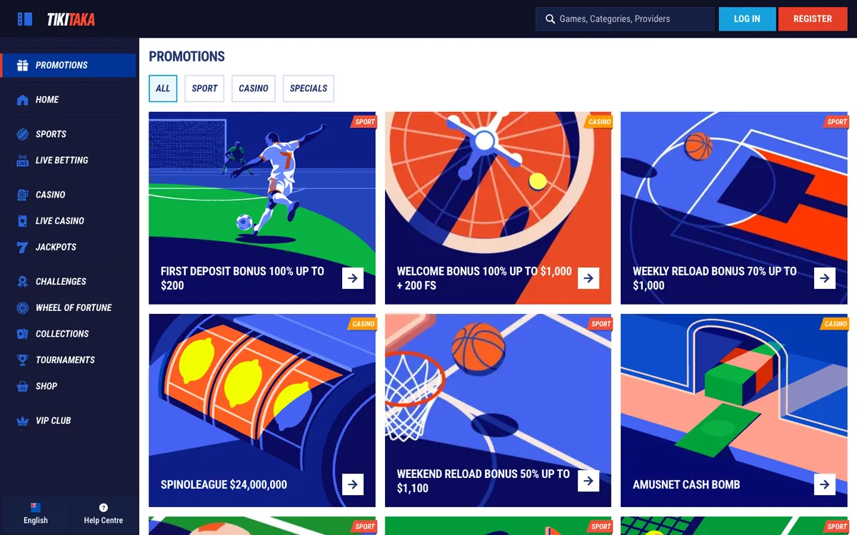TikiTaka Casino — Promotions, captured from New Zealand