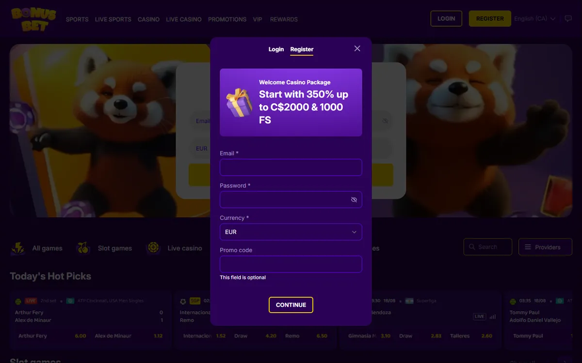 BonusBet Casino — Sign-up, captured from Canada