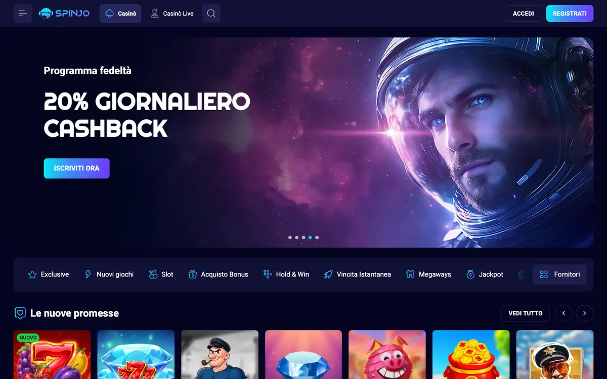 Spinjo Casino — Home page, captured from Italy