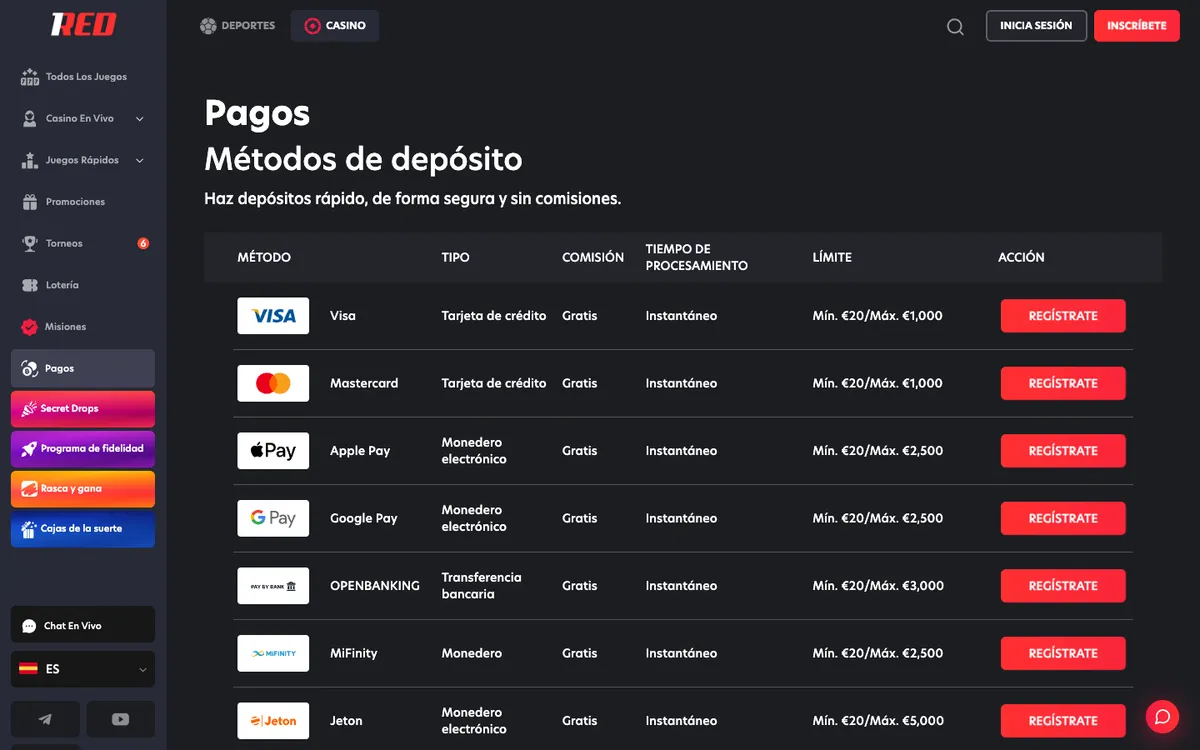 1Red Casino — «Платежи», снято из страны Испания