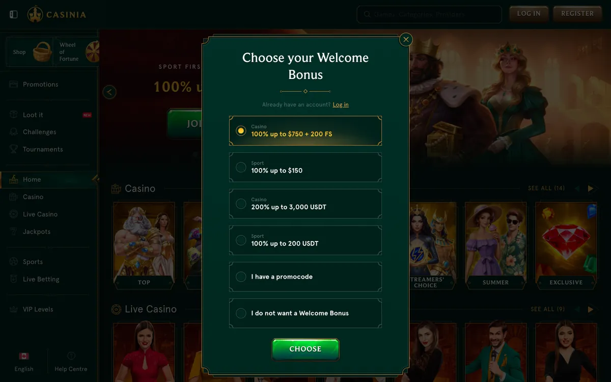 Casinia Casino — Sign-up, captured from Canada
