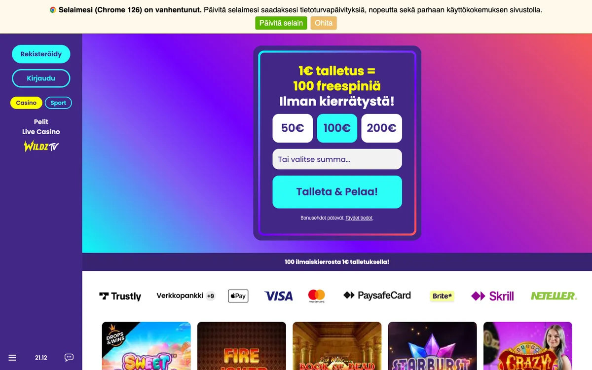 Wildz Casino — Home page, captured from Finland