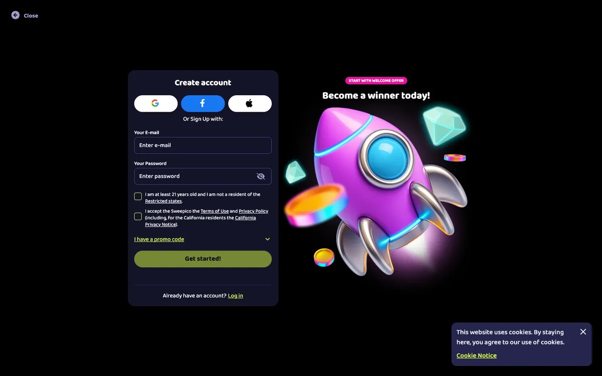 Sweepico Casino — Sign-up, captured from United States