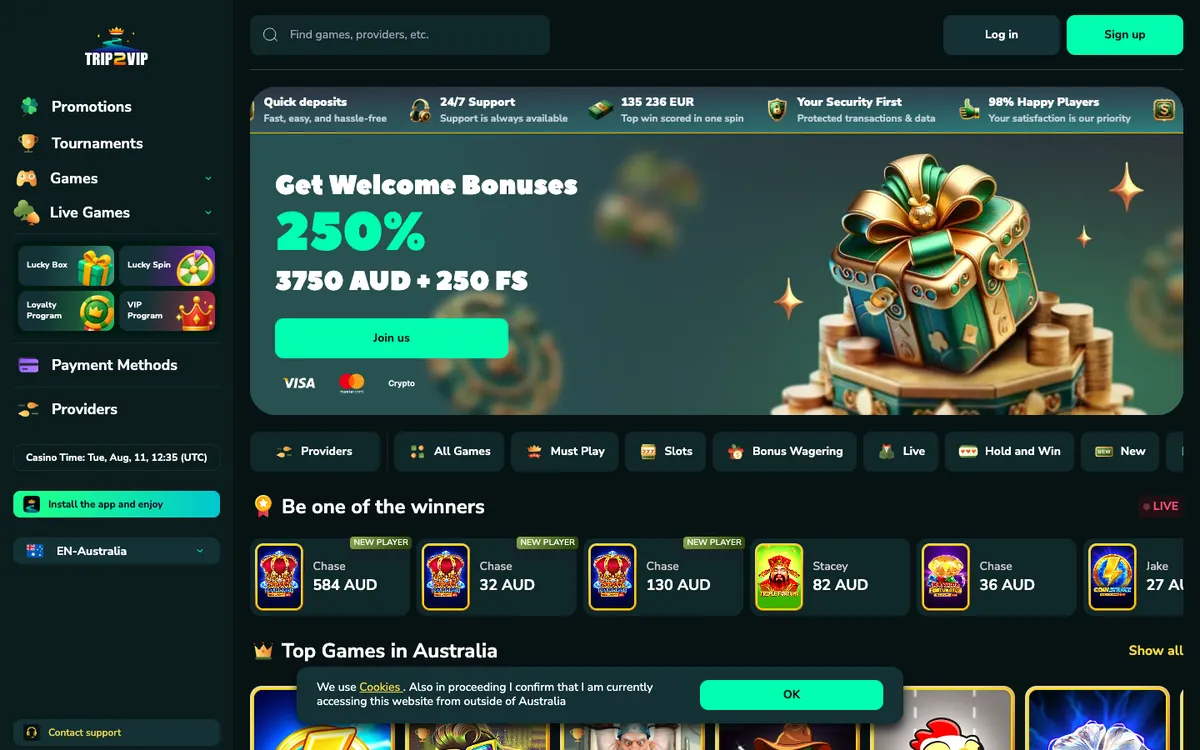 Trip2Vip Casino — «Главная», снято из страны Австралия
