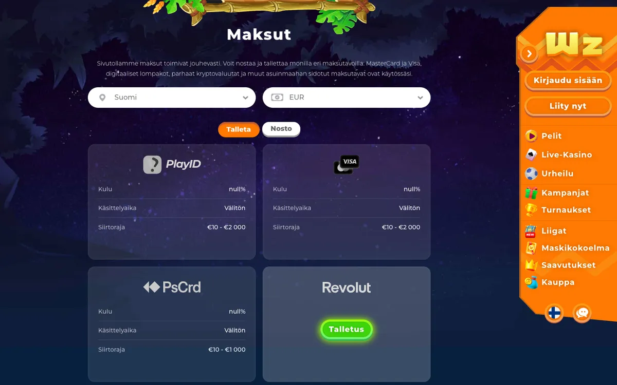 Wazamba Casino — Payments, captured from Finland