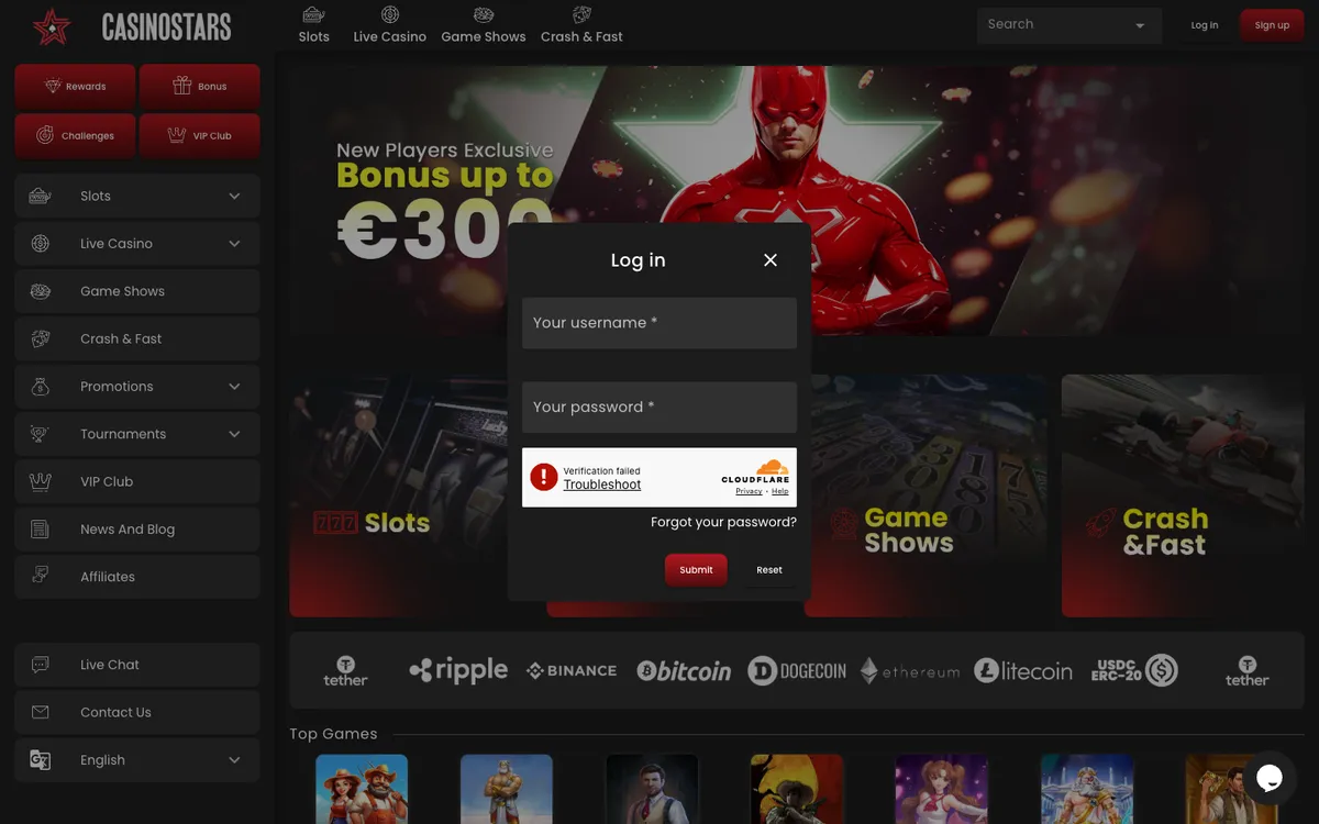 Casinostars.io — «Регистрация», снято из страны Австралия