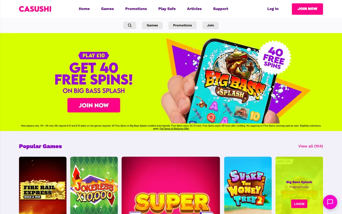 Casushi Casino — Home page, captured from United Kingdom