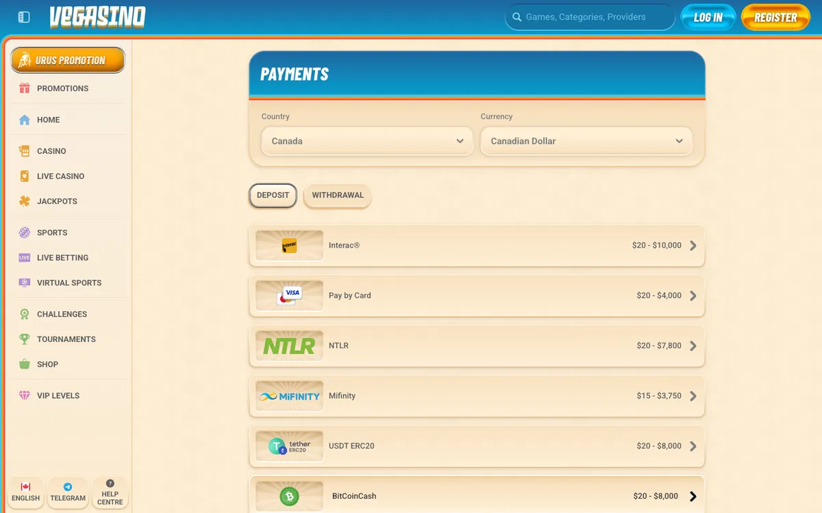 Vegasino Casino — Payments, captured from Canada