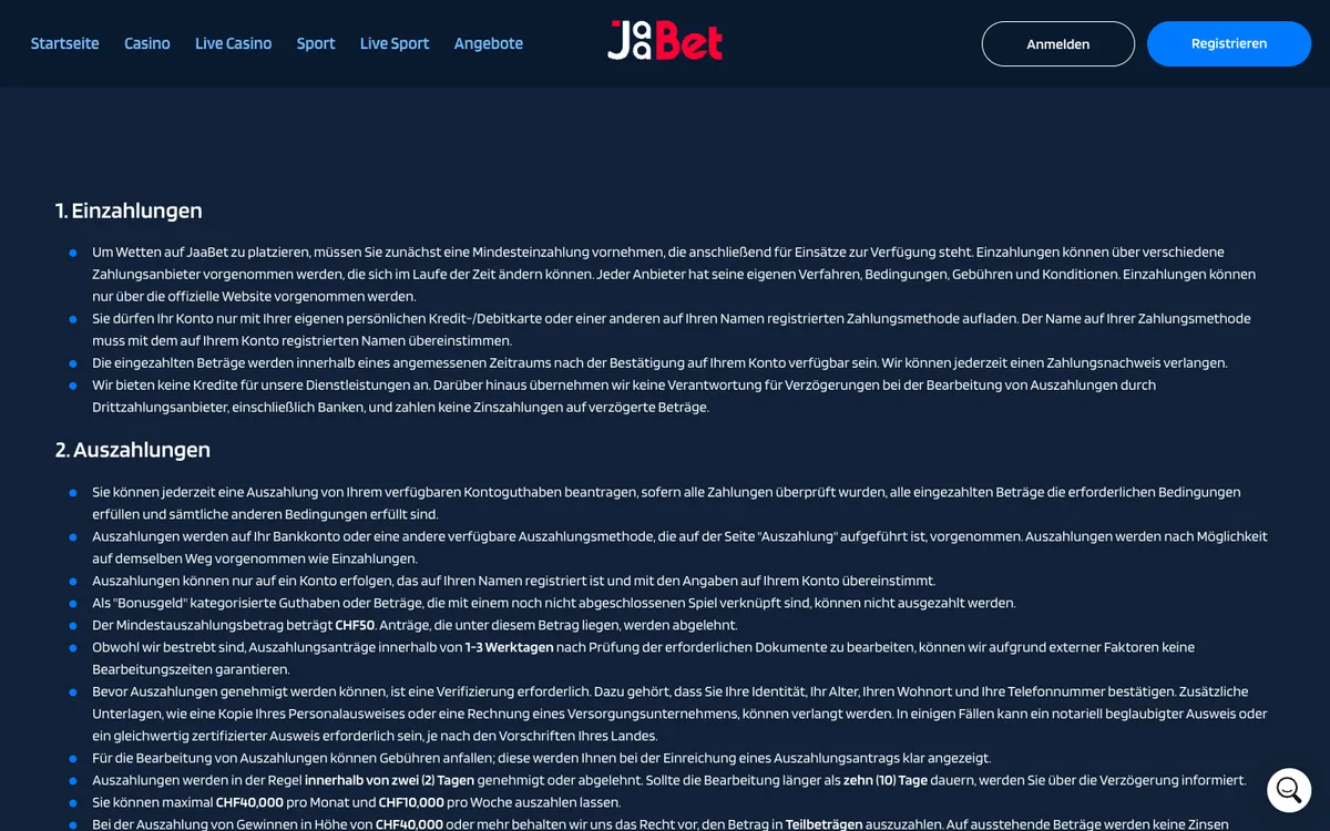 JaaBet Casino — Payments, captured from Switzerland