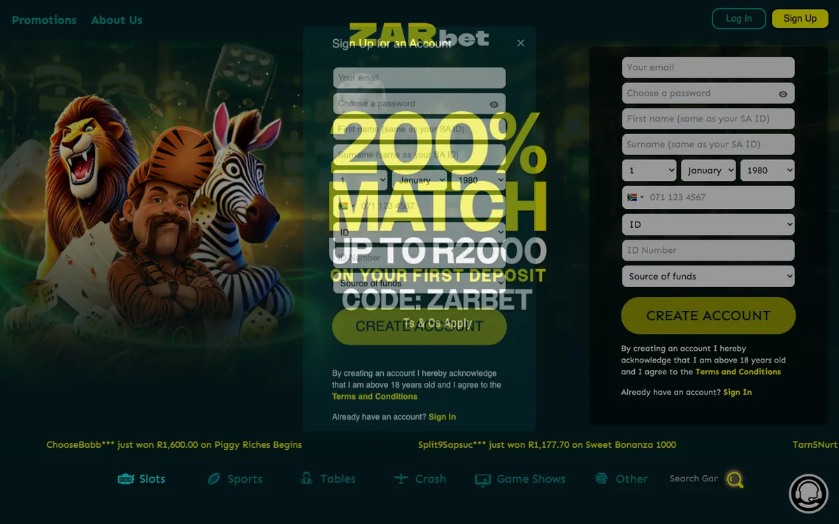 ZARbet Casino — Sign-up, captured from South Africa