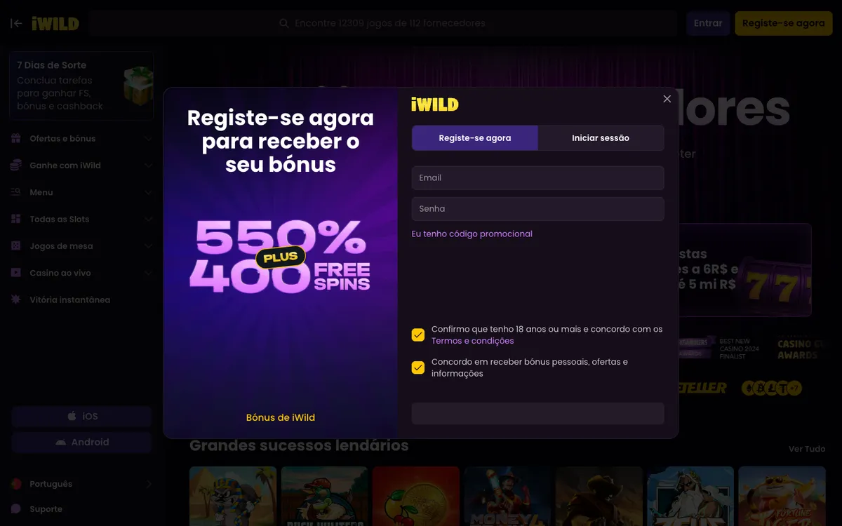 iWild Casino — Home page, captured from Brazil