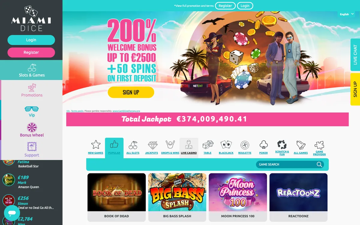 Miami Dice Casino — Home page, captured from Chile
