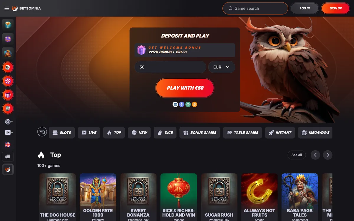 Betsomnia Casino — «Главная», снято из страны Германия