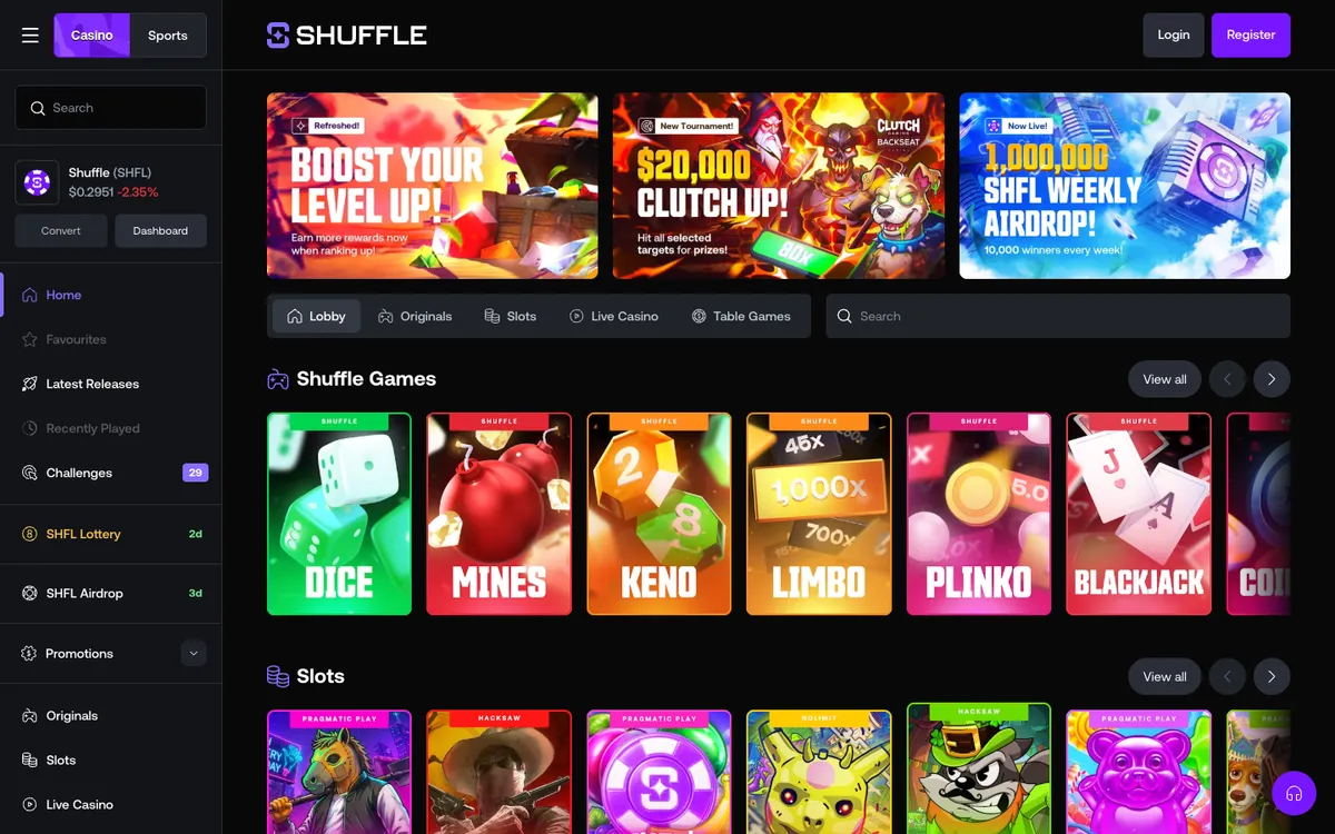 Shuffle Casino — Home page, captured from New Zealand