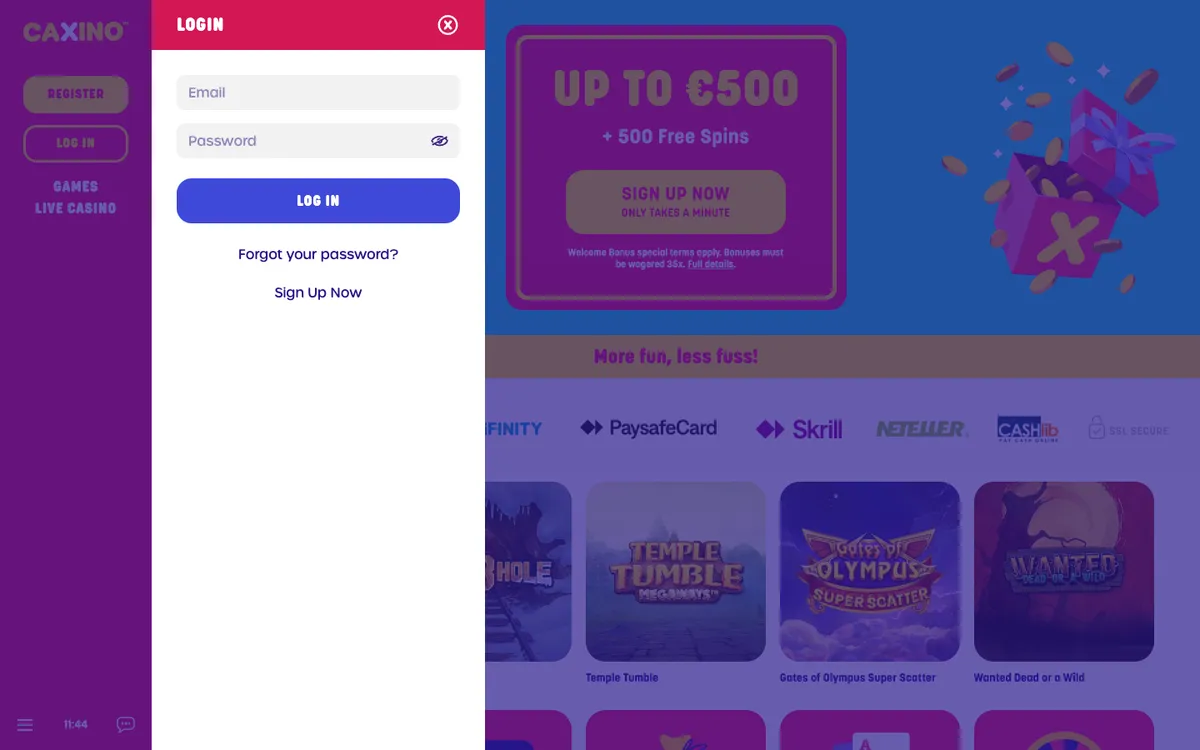 Caxino Casino — Sign-up, captured from Belgium