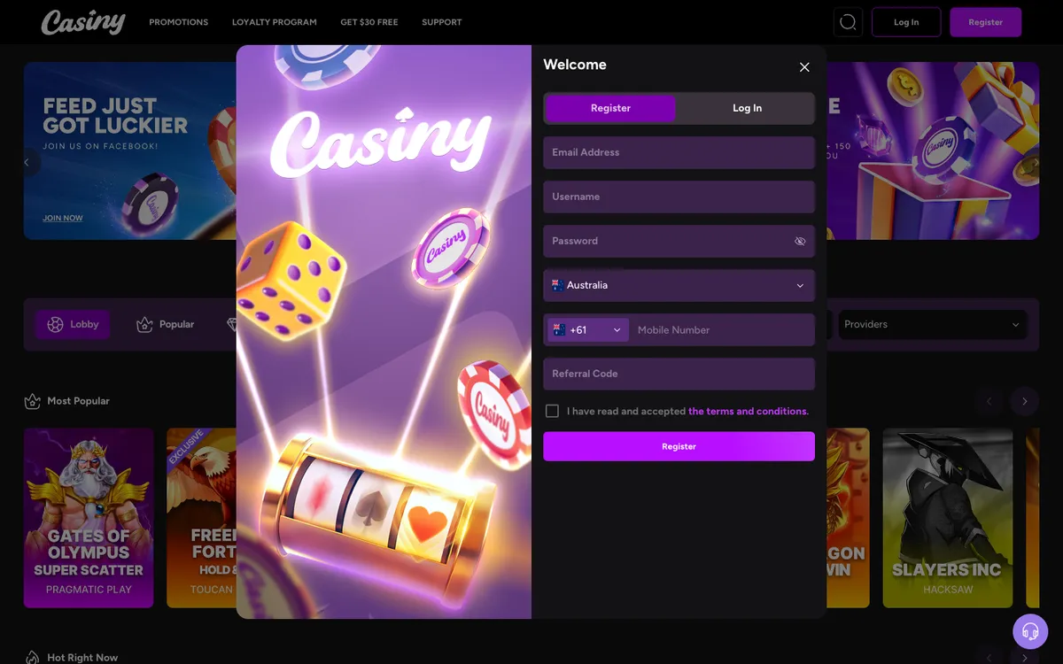 Casiny Casino — Sign-up, captured from Canada