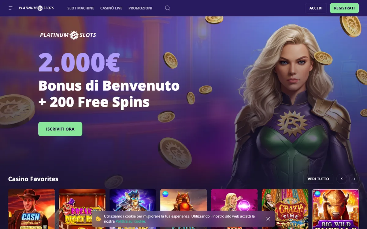 Platinumslots Casino — Home page, captured from Italy