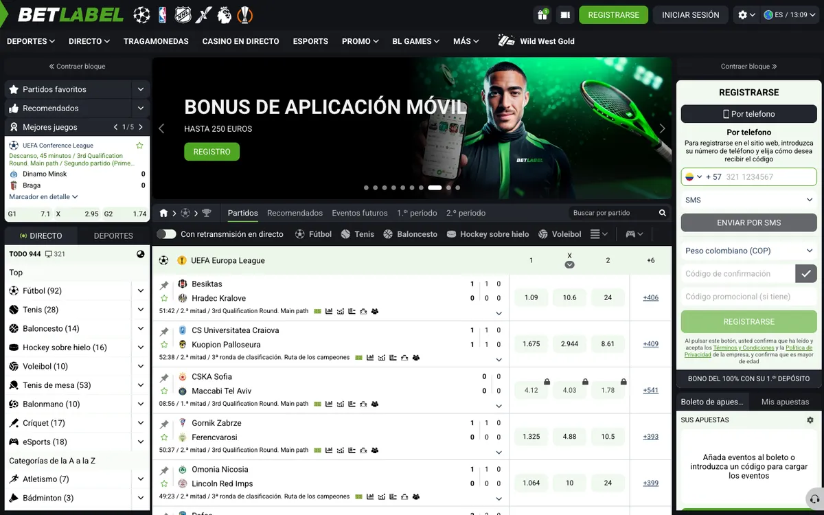 BetLabel Casino — Home page, captured from Colombia