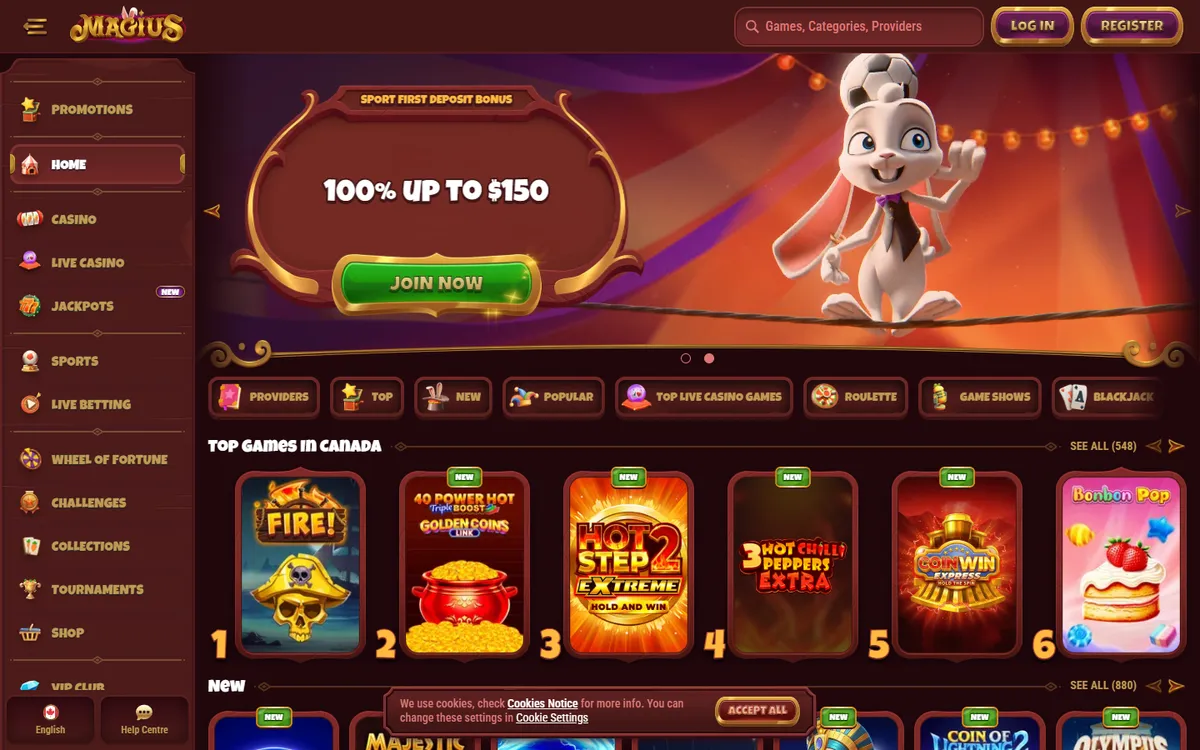 Magius Casino — Home page, captured from Canada