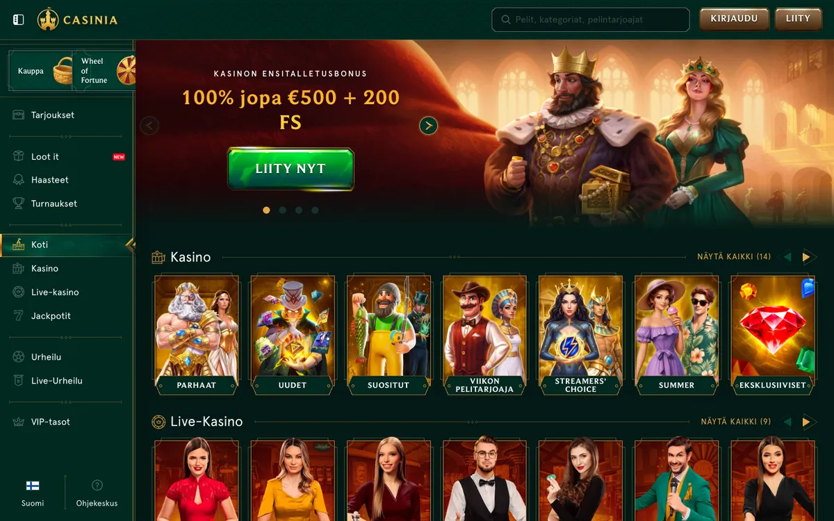 Casinia Casino — Home page, captured from Finland