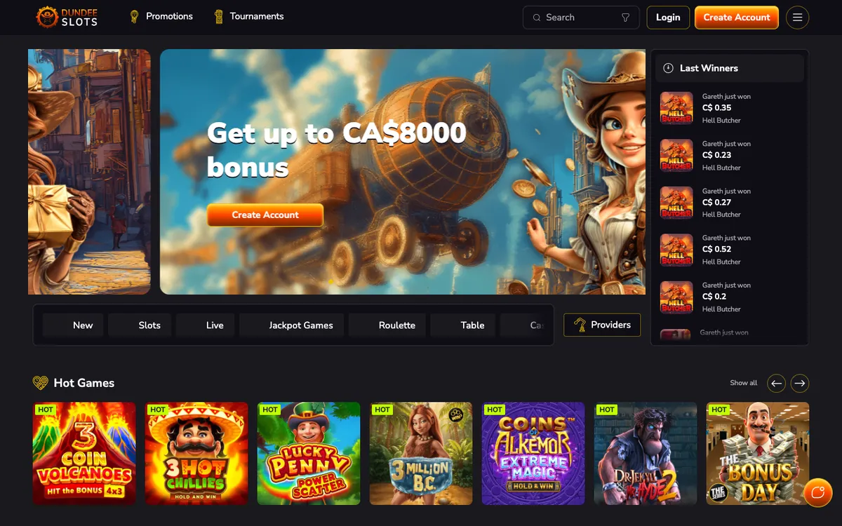DundeeSlots Casino — Home page, captured from Canada