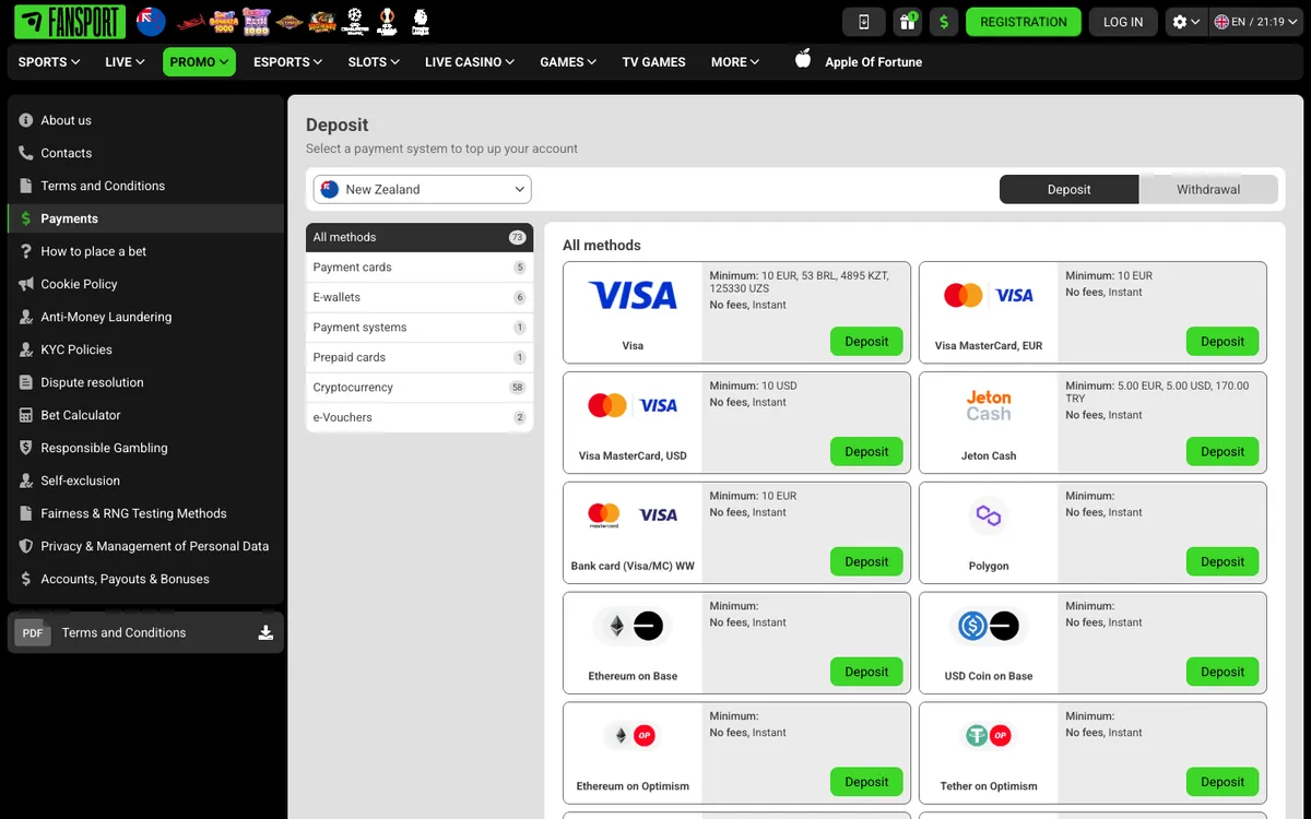 Fansport Casino — Payments, captured from New Zealand