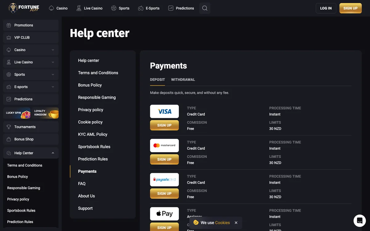 Fortune Play Casino — «Платежи», снято из страны Новая Зеландия