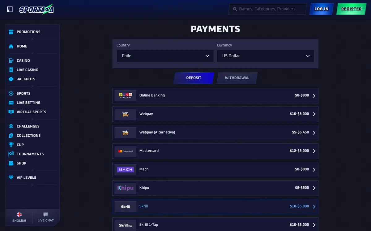 Sportaza Casino — Payments, captured from Chile