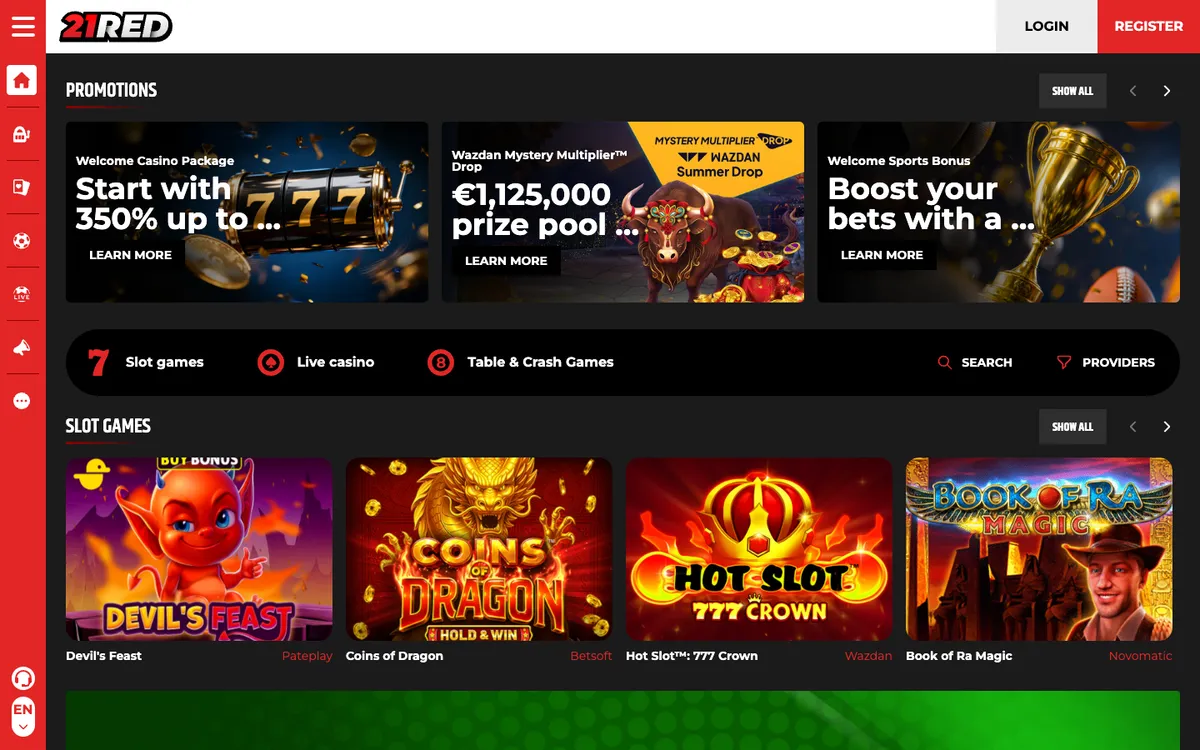 21.red Casino — Home page, captured from France