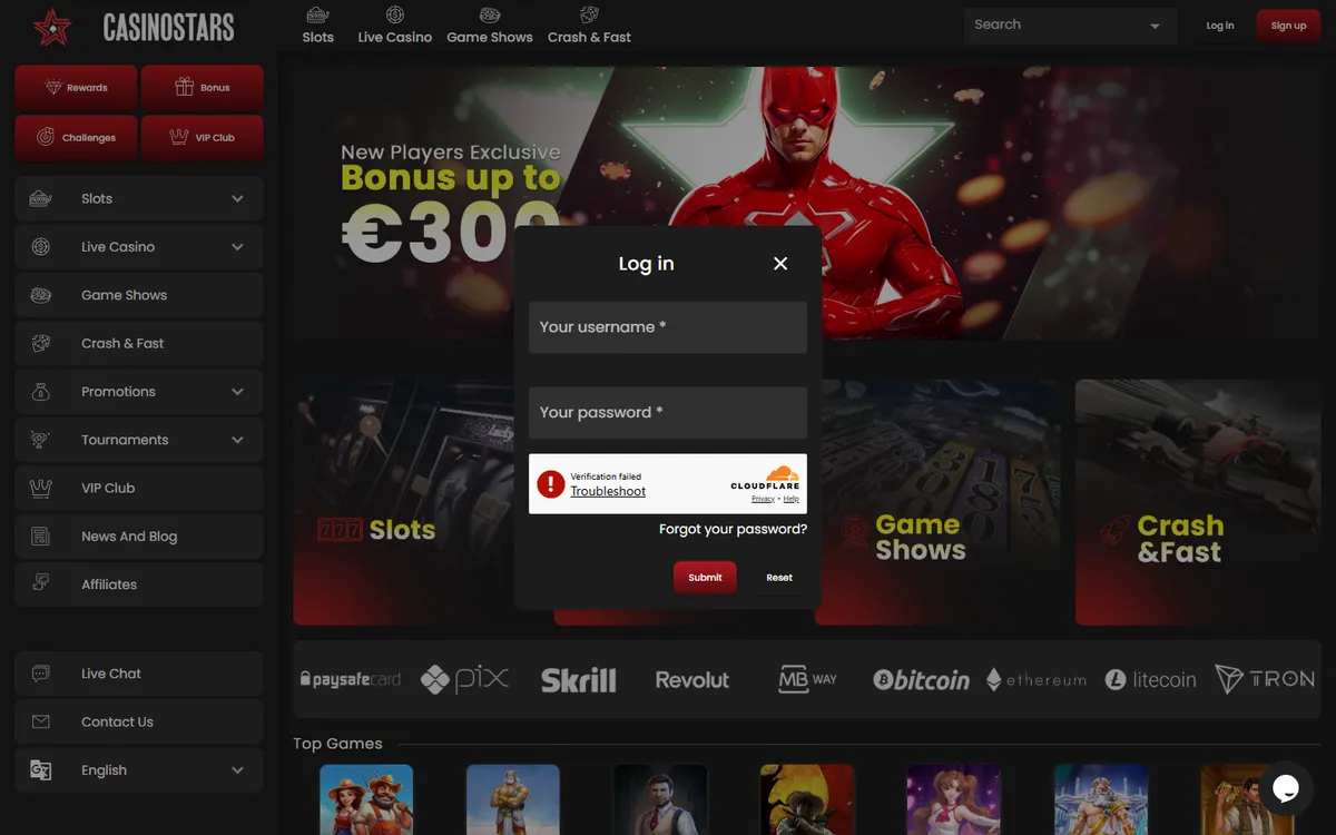 Casinostars.io — Sign-up, captured from Canada