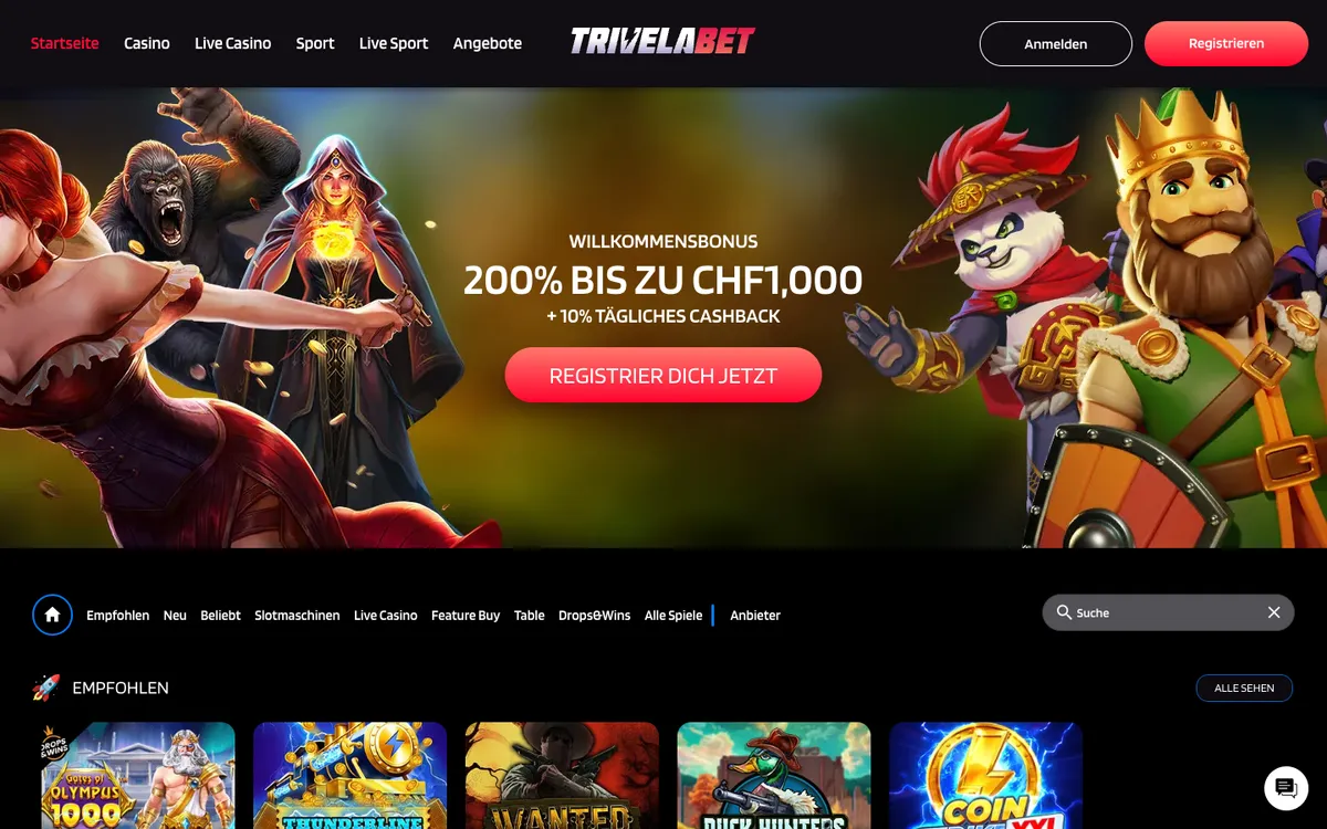 TrivelaBet Casino — Home page, captured from Switzerland