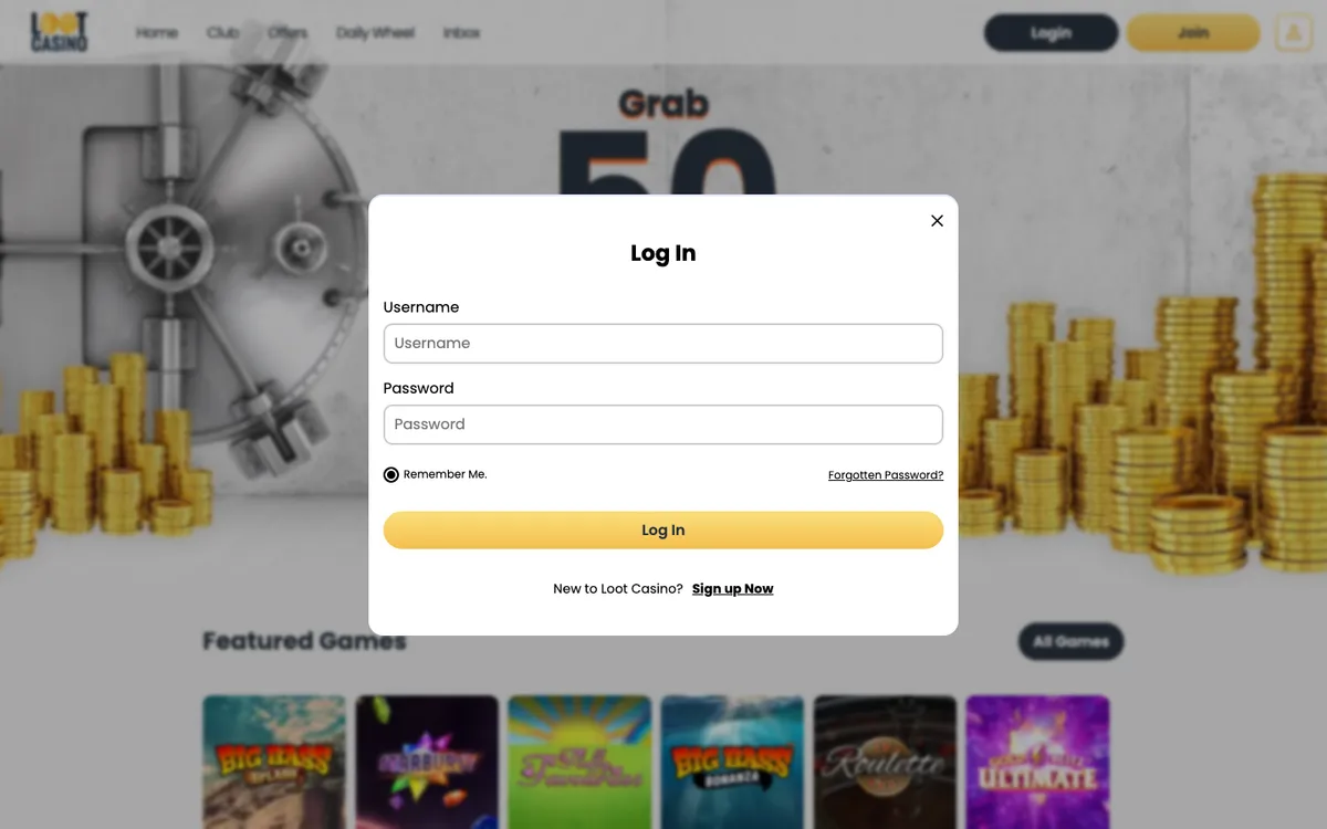 Loot Casino — «Регистрация», снято из страны Новая Зеландия