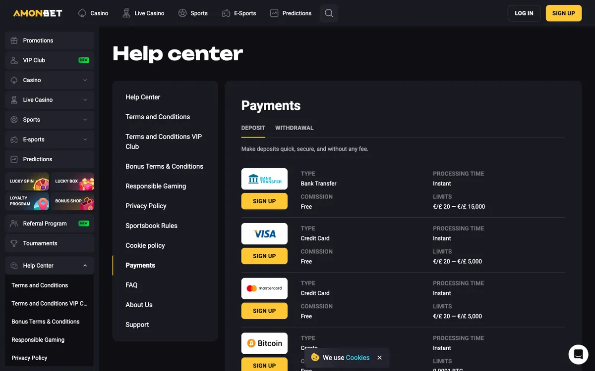Amonbet Casino — Payments, captured from United Kingdom