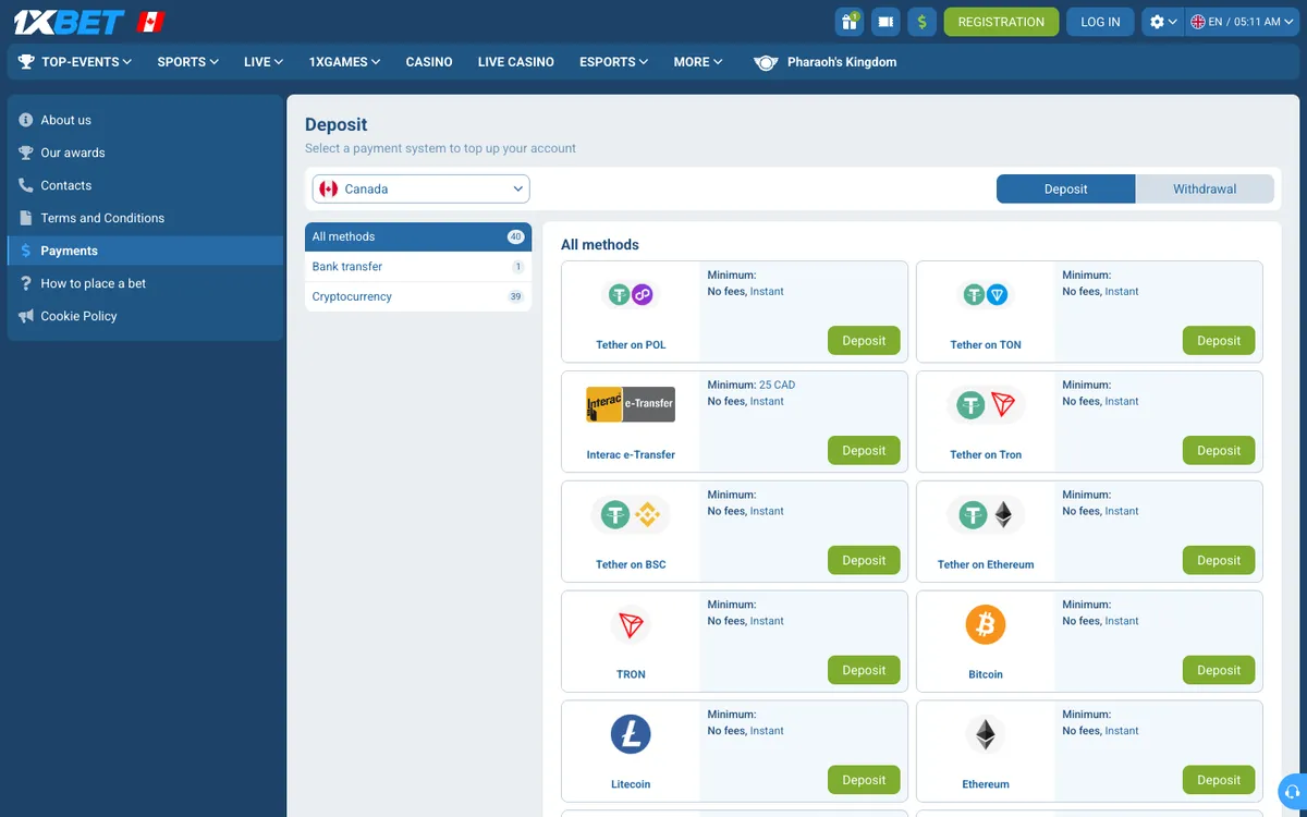1xBet Casino — Payments, captured from Canada