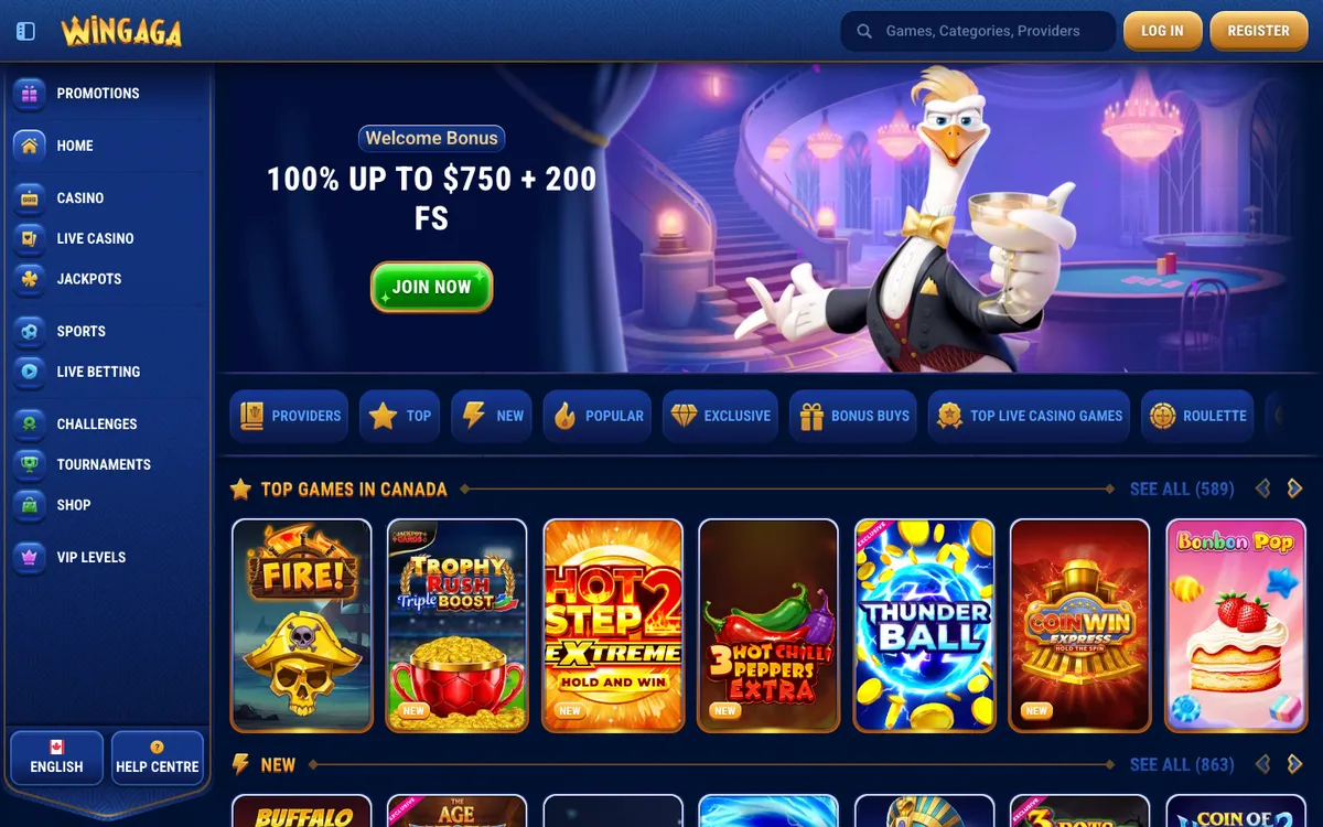WinGaga Casino — «Главная», снято из страны Канада
