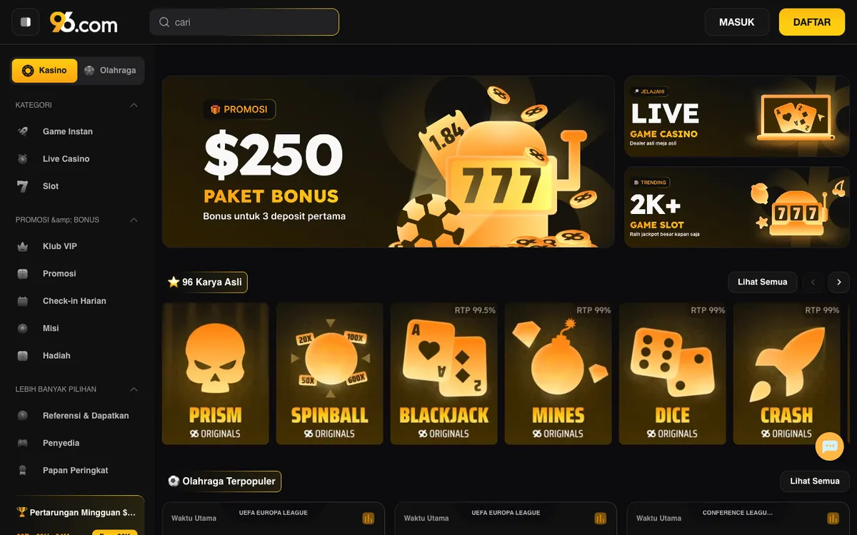 96 Casino — Home page, captured from Indonesia